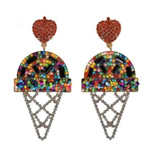 Multi Color Beaded CZ Ice Cream Cone Drop Earrings